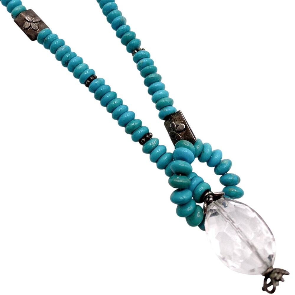 Vntg Turquoise and Sterling Silver Necklace 17” with Faceted Quartz Bead Pendant